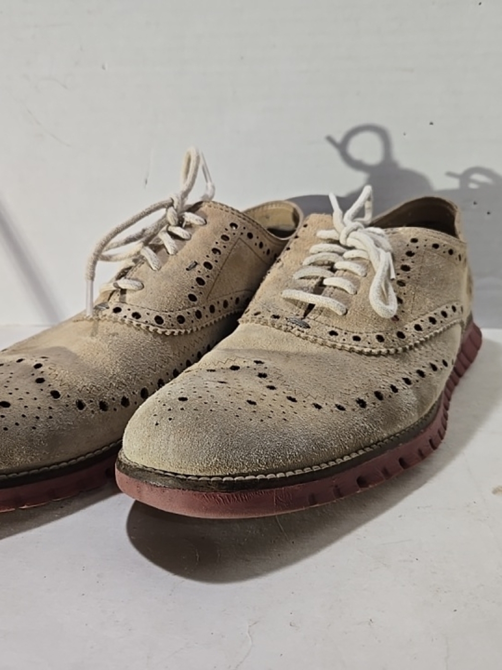 Cole Haan Beige Suede Wingtip Oxfords with Burgundy Sole 9M